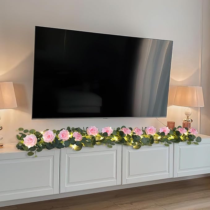MACTING 4 Pack 26.4FT Eucalyptus Garland with Lights - Spring Gypsophila Flower Garlands with 48 Pink Roses Artificial Floral Greenery Vines for Arch Table Centerpieces Backdrop Party Wedding Decor