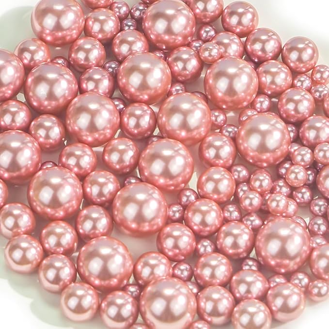 150Pcs Rose Gold Polished No Hole Faux Pearl Beads for Vase Filling Decorations, Plastic Pearls Vase Fillers, Table Scatters, Wedding Centerpiece, Home Decor, 8/14/20 mm