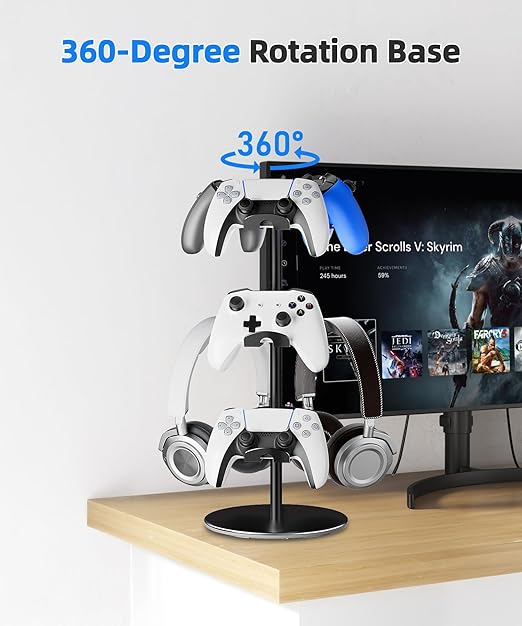 Aluminum Alloy Controller Holder 3 Layers,360 Degree Rotation Tier,Gaming Controller Stand for Xbox PS5 PS4 Switch,Headphone Stand,Headset Holder & Desk Mounts for 9 Packs Controller