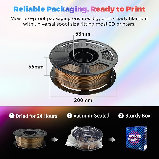 FLASHFORGE Silk Dual Color Filament, Black and Gold 2 in 1 Coextrusion Silk PLA Filament 1.75mm, 3D Printer Filament Color Change 1kg(2.2lbs) Spool, Dimensional Accuracy +/- 0.02mm