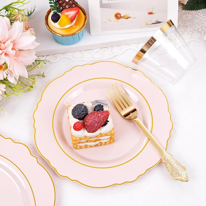 Liacere 350PCS Pink Plates Disposable - Pink and Gold Plates 50guest Baroque Plastic Dinnerware include 100Plates, 50Pack Pre Rolled Napkins with Silverware 50Cups Perfect for Wedding&Mother's Day