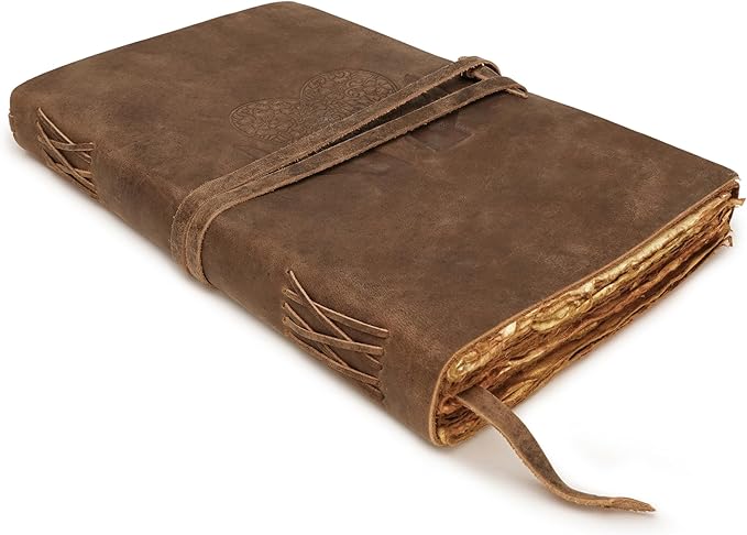 LUXEORIA Heart Journal for Women and Men, Handcrafted Leather Journal for Writing Womens, Sketchbook, Travel Diary with Unlined Deckle Paper, Distressed Brown 8x13