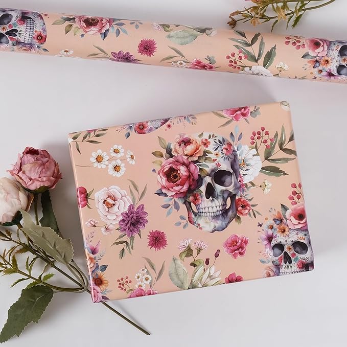 Aimyoo Gothic Wrapping Paper Roll, 17 Inch X 16.5 Fee Skull Floral Berry Design Gift Wrap Paper for Mother's Day, Birthday Bridal Shower