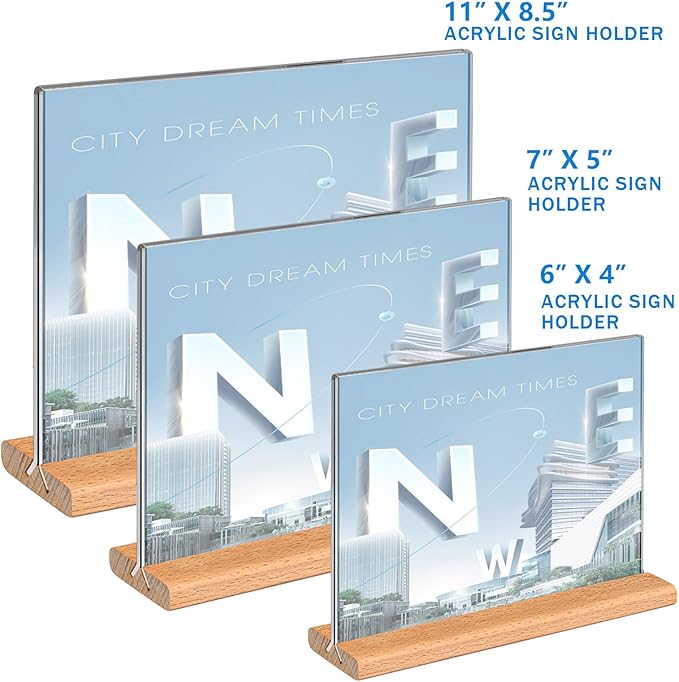 Kersally Acrylic Sign Holder 6 x 4, 3 Pack Double-Sided Clear Table Display Stands with Wood Base,Horizontal Acrylic Frame Menu Flyer Paper Holder for Store, Restaurant, Hotel, Office, Show Fair