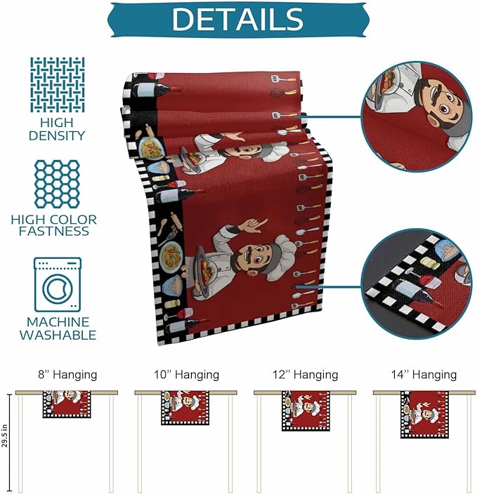 Red Chef Gourmet Cotton Linen Table Runner for Dining Kitchen, Wedding Outdoor Party Tablerunners Decoration, Black White Check Plaid Funny Kitchen Dresser Scarf Coffee Tablecloth Runners 13''x120''