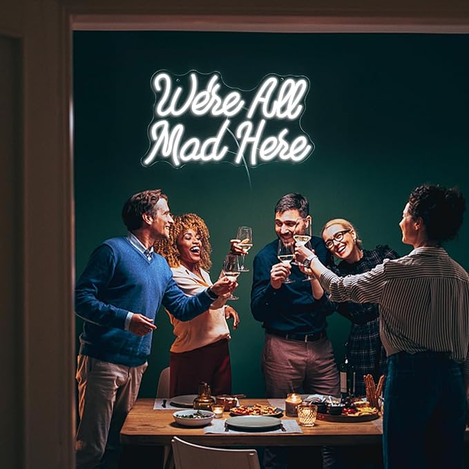 We Are All Mad Here Neon Sign Letter LED Neon Lights Dimmable USB Powered 16.5’’X9.4’’Cool Wall Decorative Light Bedroom Bar Birthday Party Decoration Gifts (White)