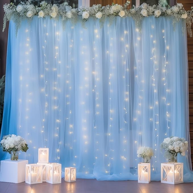 30×10ft Blue Tulle Backdrop Curtain with Lights String for Parties, Sheer Photo Backdrop Curtains for Wedding Party Photography Background