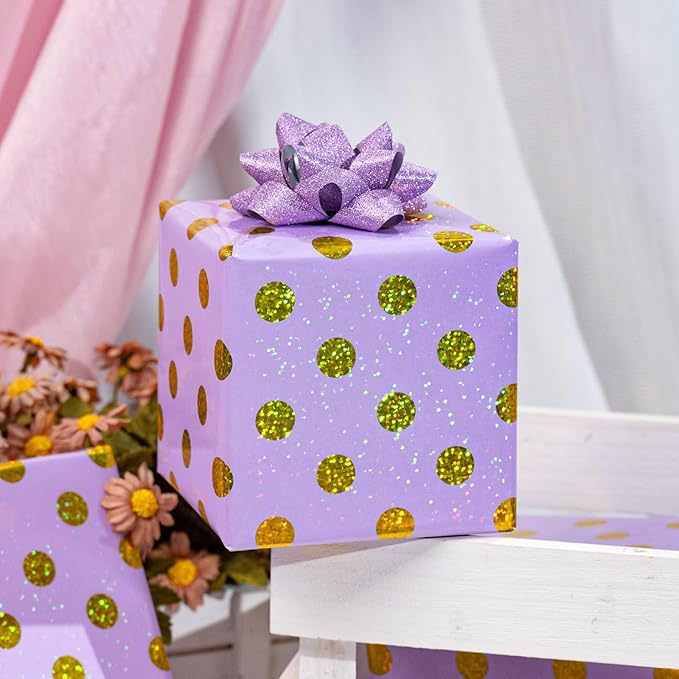 Burymento Purple Holographic Dots Wrapping Paper, Reversible Gold Gift Wrap for Birthday, Valentines, Mothers day, Graduation, Wedding, Fathers day, Baby Shower, Christmas (17in x 16.4ft)