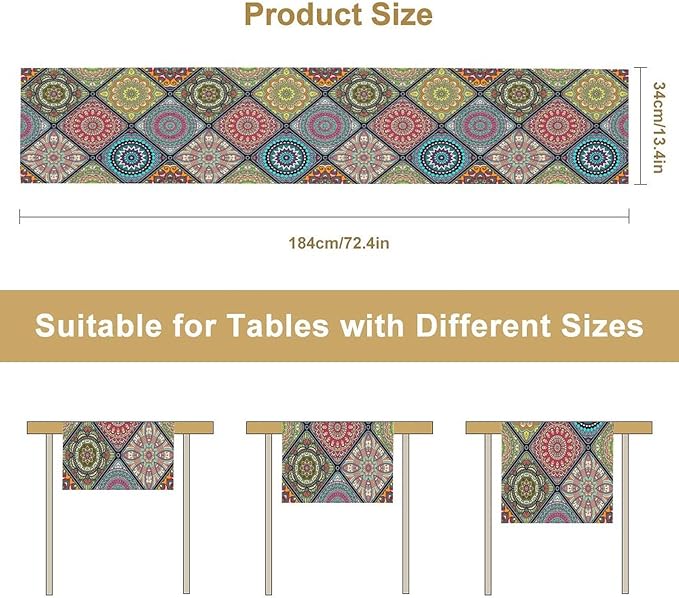 Boho Bohemian Table Runner, Vintage Indian Floral Print Table Cover for Farmhouse Kitchen Dining Table Decor Holiday Party, 13x60inch