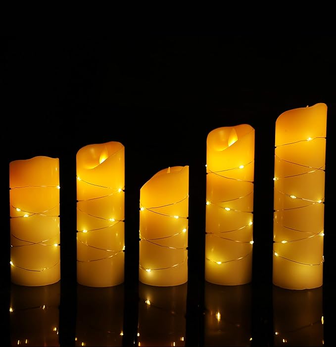 LED flameless Candle, with Embedded Starlight String,( danip)5-Piece LED Candle, with 10-Key Remote Control, 24-Hour Timer Function, Dancing Flame, Real Wax, Battery-Powered. (Ivory White)