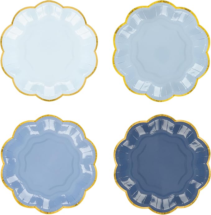 Dusty Blue Party Plates Gradient Blue Dessert Paper Plates 7inch Gold Foil Scalloped Edge Disposable Cake Plates for Tea Party Birthday Bridal Baby Shower Wedding Party Supplies (48)