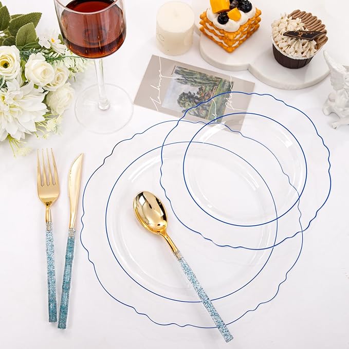 Liacere 150PCS Clear and Blue Plastic Plates-Clear and Blue Disposable Plates with Glitter Bamboo Handle Cutlery-60 Baroque Elegant Plates, 30 Forks, 30 Spoons, 30 Knives for Wedding&Back to School