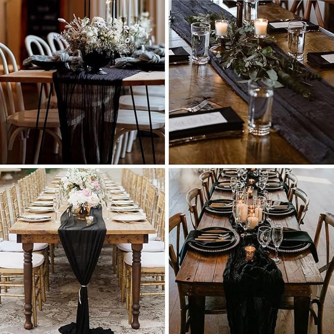 10 Pack Black Cheesecloth Table Runner -21*120Inch Long Boho Wedding Table Decor, Rustic Gauze Fabric Runner for Bridal Showers, Baby Showers & Parties (Sheer, Lightweight, Wrinkled Design)