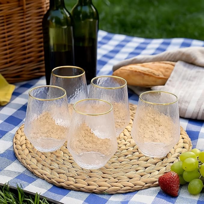 40 count Diamond Unbreakable Stemless Plastic Wine Champagne Whiskey Glasses Elegant Durable Disposable Indoor Outdoor Ideal for Home, Office, Bars, Wedding, 12 Ounce Cups (Hammered Gold Rim)