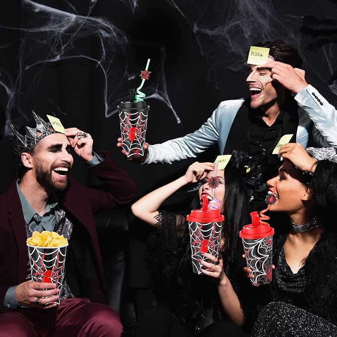Yungyan 16 Sets Spider Party Favors Goodie Cups with Lids and Straws for Halloween Party Decorations Reusable 16oz Plastic Candy Cups Plastic Straws for Birthday Gift (Spider)
