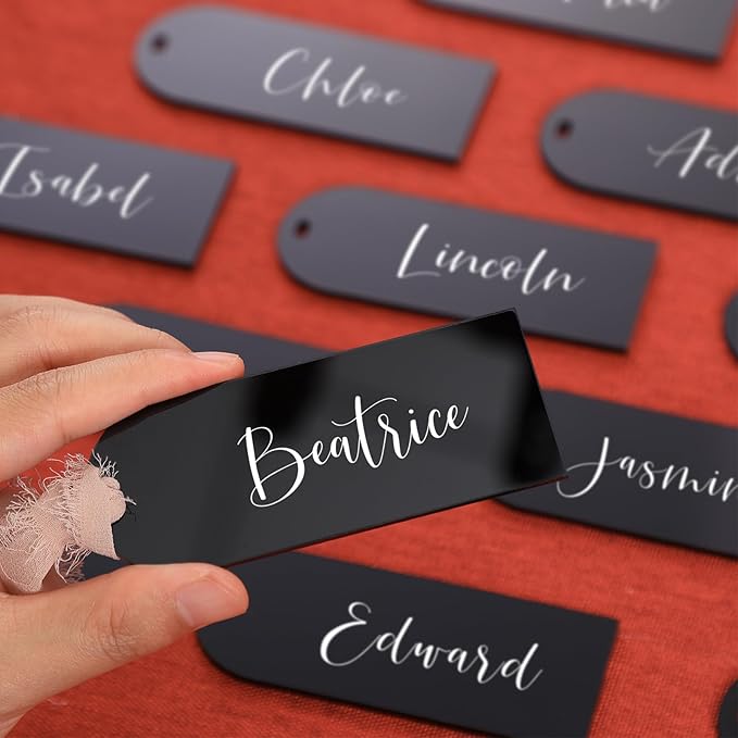 UNIQOOO 20 Pcs Black Acrylic Place Cards, 3.9x1.6 inches DIY Blank Hanging Tags, Perfect for Wedding Table Decor, Birthday, Centerpiece, Decoration, Party, Anniversary, Event