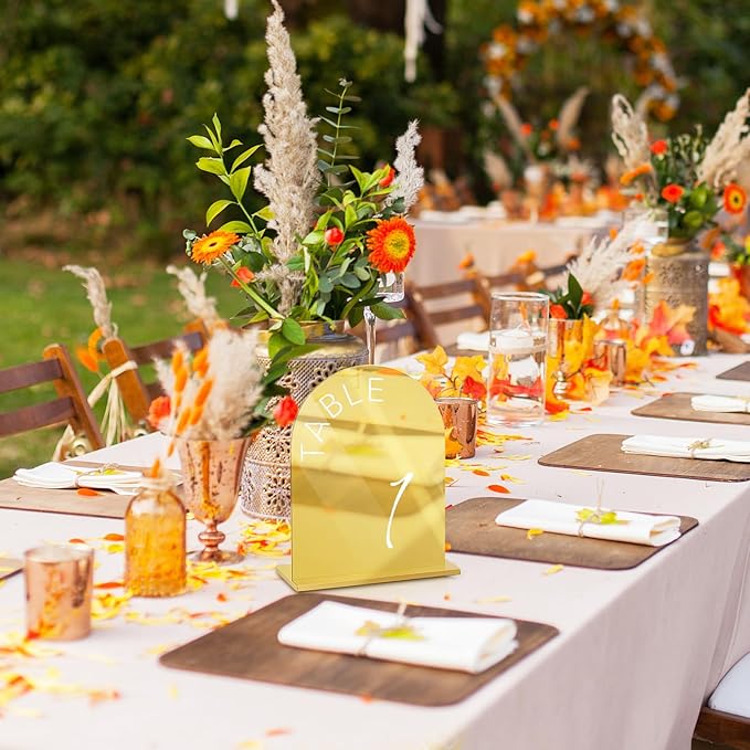 Gold Wedding Table Numbers 1-15 w/Stands: Gold Mirror Arch 5x7 Acrylic Display Signs and Holders - Perfect for Wedding Receptions, Party, Anniversaries, and Events