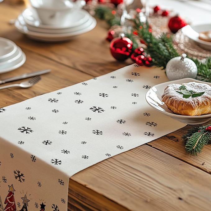 GEEORY Christmas Table Runner 13x36 Inch, Xmas Tees Snowflakes Holiday Decorative Farmhouse Table Decoration for Kitchen Dinning, Indoor Outdoor Dinner Party Decor (Red & Black) GT165-36