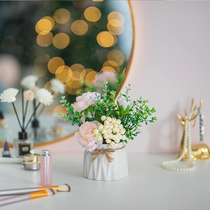 BLOSMON Table Decor Artificial Flowers Vase 7 Inch Small Fake Champagne Flower Arrangement 2pcs Floral Arrangement for Tables centerpieces Kitchen Dining Room Decorations Flower in Vase Silk Roses