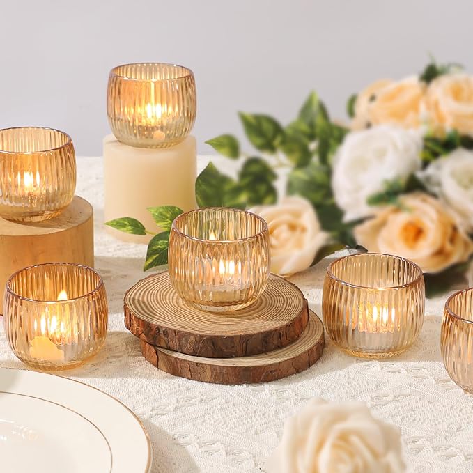 Set of 6 Ribbed Glass Votive Candle Holders, Gold Glass Tealight Holders for Taper Candles - Elegant Table Centerpieces for Weddings, Christmas, Parties, and Home Decor