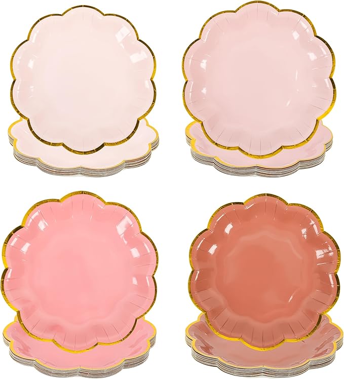 Dusty Pink Gradient Color Dessert Paper Plates 7 inch Gold Foil Scalloped Edge Disposable Cake Plates for Tea Party Birthday Bridal Baby Shower Wedding Party Supplies (24, Dusty Pink)