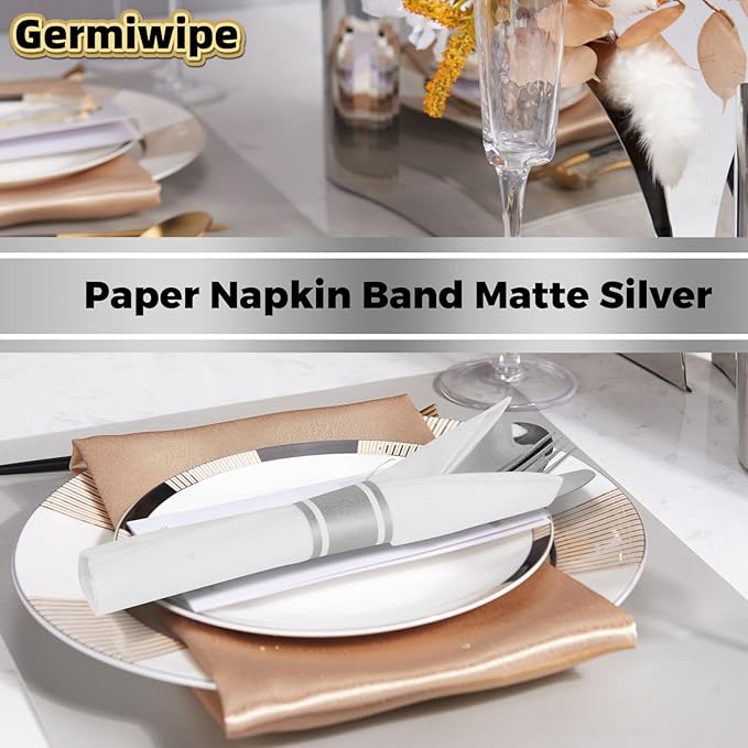 Germiwipe Standard Paper Napkin Band, 200PCS Matte Silver Napkin Ring Self-Adhesive, Silverware Wraps Bands,Table Setup Wedding Event Party Supply (Matte Silver /200pcs)