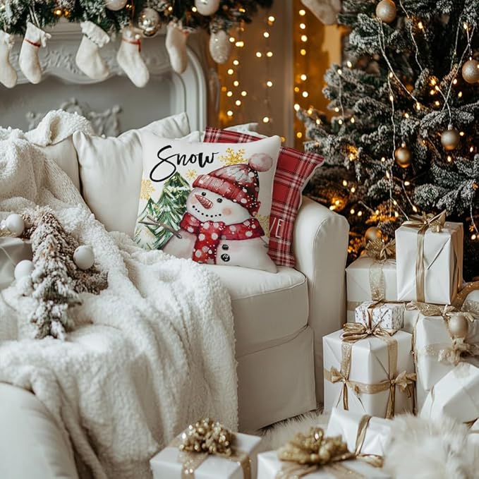 GEEORY Winter Christmas Throw Pillow Covers 16 x 16 Inch Set of 4, Xmas Trees Snowflake Snowman Joy Holiday Farmhouse Decorative Cushion Cases for Home Decoration G583-16