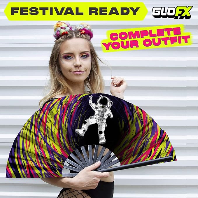 GloFX Rave Fan - Spaced Out Astronaut - Large Folding Fan - Music Festival Essential, EDM Rave Accessories, Folding Hand Fan, Clack Fan
