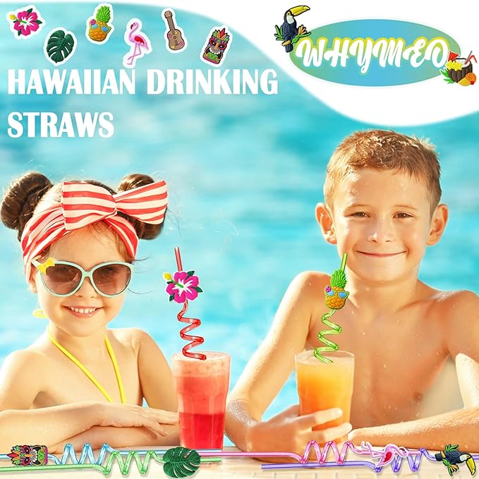 Hawaiian Luau Party Favor Drinking Straws (24 Pcs) Summer Beach Pool Birthday Party Supplies Reusable Plastic Drink Straw for Tropical Luau Party (2 Pcs Cleaning Brushes inside)…