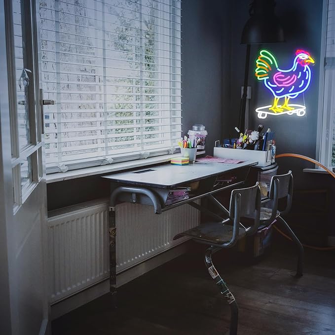 Dimmable Chicken Neon Sign for Wall Decor Funny Skateboarding Rooster LED Neon Light USB Powered Light Up Animal Sign for Bedroom Birthday Party Kids Gifts(16.5 * 13In)