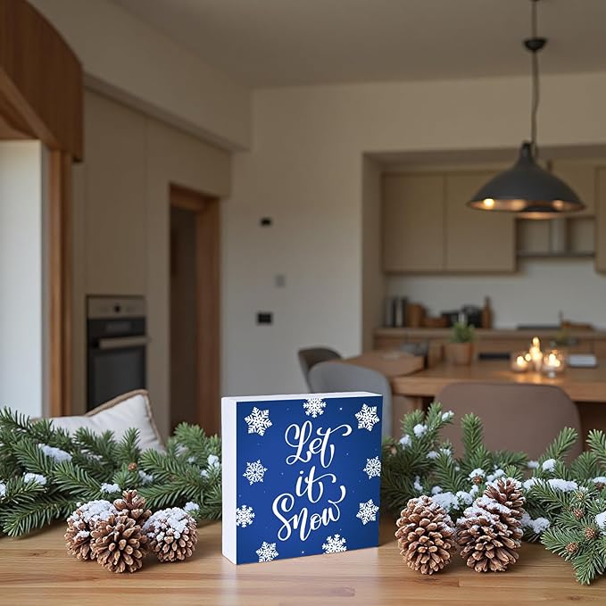 Winter Decorations Indoor Winter Decor Let It Snow Home Room Snowflakes Table Wood Box Sign Rustic Wooden Shelf Desk Decor Season Sign House Warming Gifts 5.9 x 5.9 Inch