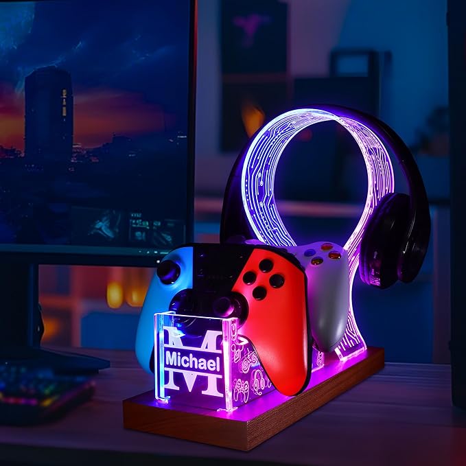 YuanDian Gamer Gifts for Teenage Boy, Desk Gaming Headset and Controller Stand with Blue Pink LED Night Light, Acrylic Wooden Controller Holder with PCB Pattern, Desk Decor Gift (Customized)