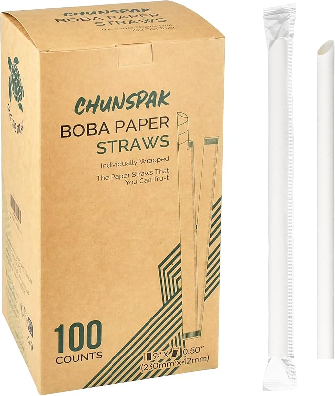 9 Inch Individually Wrapped Disposable White Paper Boba Straws, Bubble Tea Straws 100 Counts, 0.5"/12mm Wide - Pointed End, Extra Thick, Fat - Eco-friendly Biodegradable