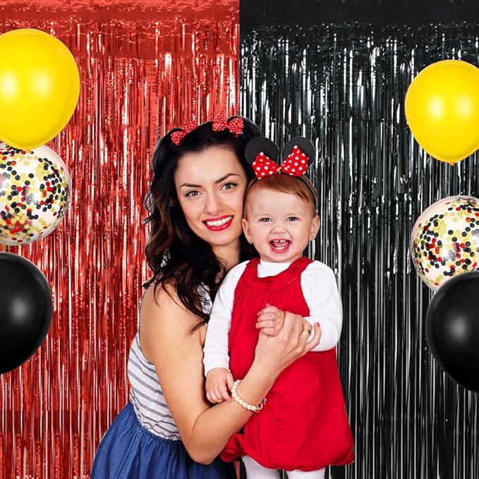 BEISHIDA 4 Pcs Red and Black Door Streamers Foil Curtain Red and Black Party Decoration Backdrop for Casino Theme Scream Halloween Supplies Graduation Birthday Party Decorations (3.28 ft x 6.56 ft)