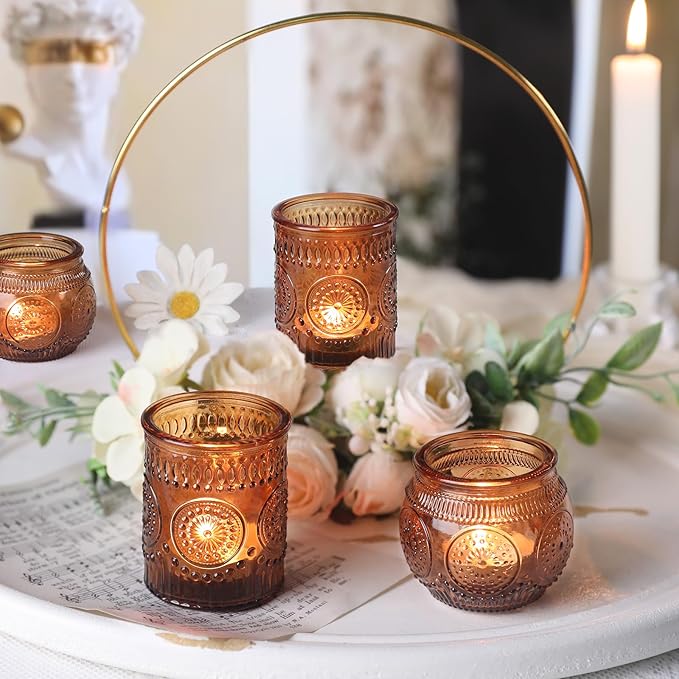 DARJEN 24Pcs Amber Votive Candle Holders - Vintage Glass Candle Holder, Candle Holders Bulk for Wedding & Home Decoration, Tea Lights Candle Holders for Festival Party Gift