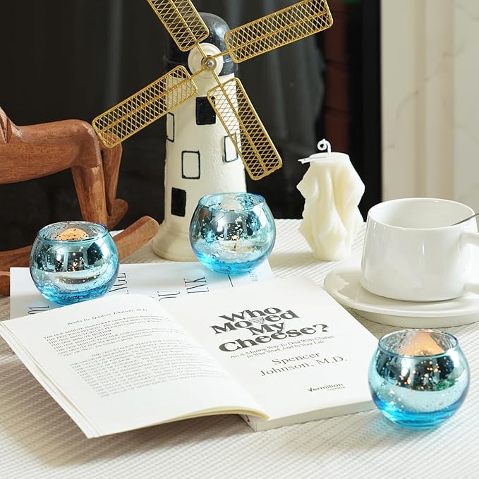 Homemory 12 Pcs Blue Votive Candle Holders, Round Mercury Glass Candle Holder, Tealight Candle Holders for Table Centerpieces, Baby Showe, Anniversary, Wedding, Home Decor, Halloween, Christmas