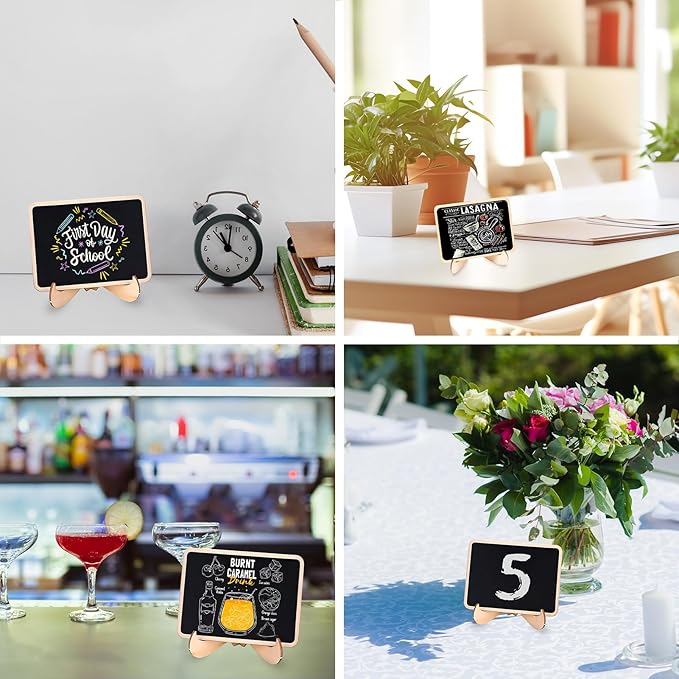 Vintage Wooden Mini Chalkboard Signs - Set of 6 | 4 x 3 Inch Tabletop Chalkboard Sign with Base Stands | Decorative Small Message Chalk Board Sign with 7 Liquid Chalk Markers
