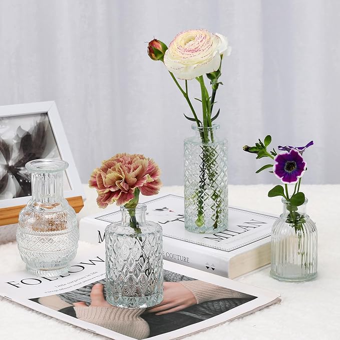 12 Pcs Small Glass Bud Vase Set of,Mini Vintage Vases in Bulk, Clear Bud Vases for Centerpieces, Rustic Wedding Decorations,Home Table Flower Décor.