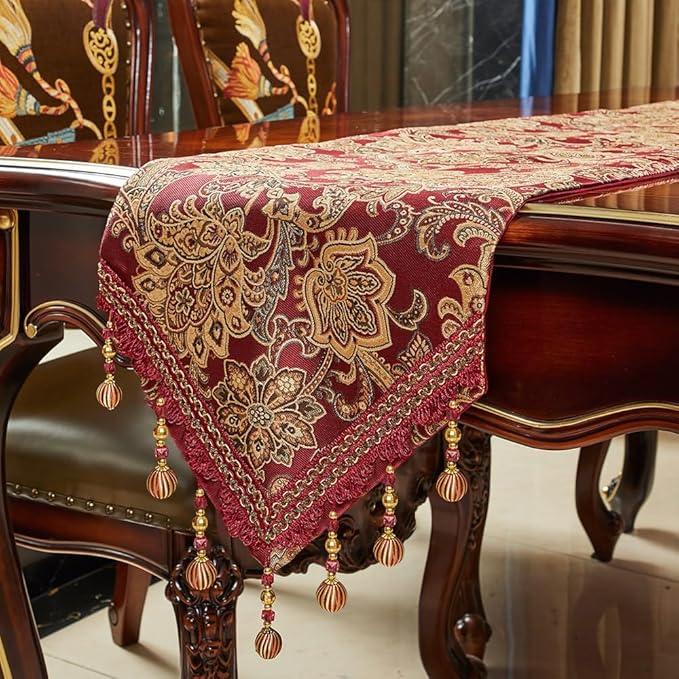 Luxury Vintage Table Runner 48 inches Long Embroidery Jacquard Fabric with Multi-Tassels Table Runners for Dining Room Dresser Wedding Christmas Thanksgiving Party Decorations (Red, 12X48inch)