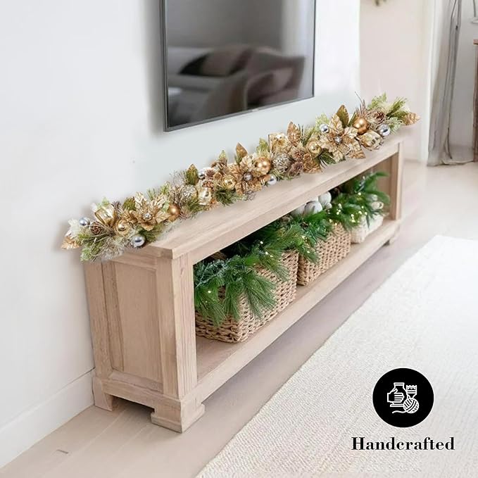 5 ft Christmas Garland for Mantle Unlit Garland for Stairs Railing, Banister, Staircase, Fireplace, for Table No Light, Garland Decor Frosted Red Poinsettia Holiday Tree (Glittery Champagne Gold)