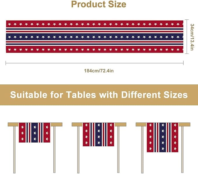 4th of July Table Runner, USA Flag Stars Stripes American Independence Day Red Blue White Stars Lines Print Table Cover for Farmhouse Kitchen Indoor Outdoor Home Party, 13x70inch