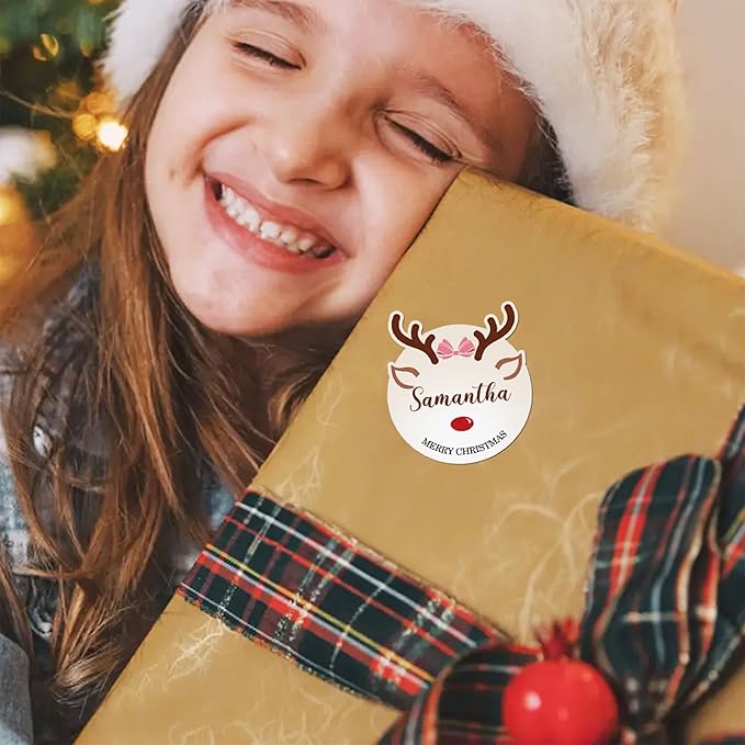 CALLIE Personalized Christmas Stickers with Custom Name, Waterproof Custom Christmas Name Tags Stickers, Peel and Stick Christmas Gift Tags (Cute Christmas Reindeer)