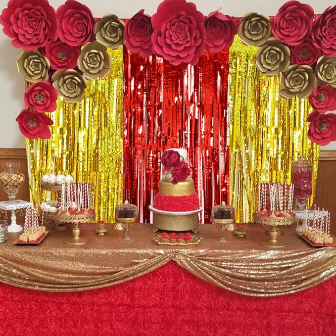 BEISHIDA 4 Pcs Red and Gold Party Streamers Fringe Foil Curtain Backdrop Tinsel Background Party Decoration for Chinese New Years Graduation Birthday Wedding Anniversary Christmas Party Decoration