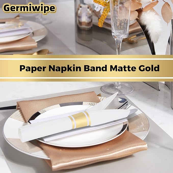 Germiwipe Gold Napkin Band,Paper Napkin Rings Self Adhesive,200PCS Silverware Wraps Bands,Table Setting Wedding Event Party Supply NB-015