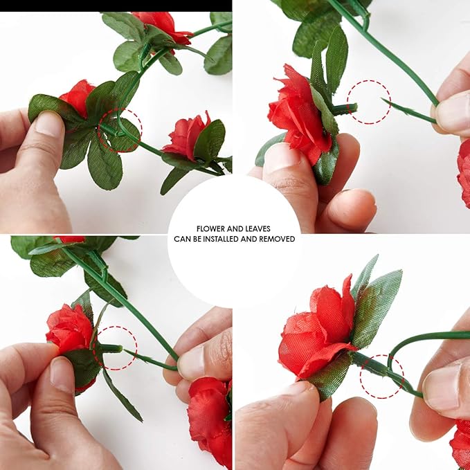 6 Pcs x 8.2 ft Flower Garland Artificial Rose Vine Flowers with Green Leaves Hanging Fake Roses Vine for Room Party Home Wedding Birthday Christmas Wall Arch Decor, Spring Red Flower