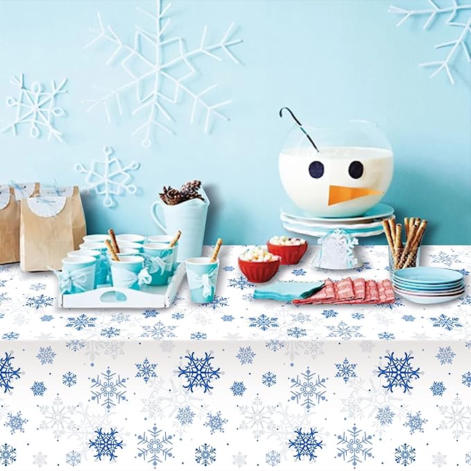 1 Pieces Snowflake Christmas Party Tablecloth Decorations,Plastic White Snowflake White Blue Xmas Backdrop Sign Table Cover Banner for Winter Christmas Holiday Party Supplies,54x108 inch(White/Blue)