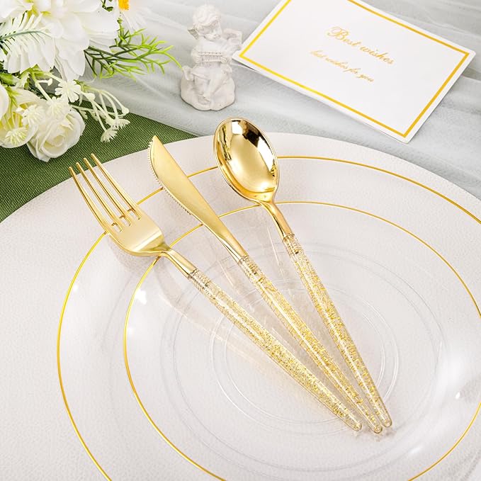 Liacere 150PCS Clear Gold Plastic Plates - Gold Plastic Silverware with Glitter Handle - Clear Disposable Plates Include 30 Guests Plates, Forks, Spoons, Knives for Wedding & Party&Chrismas