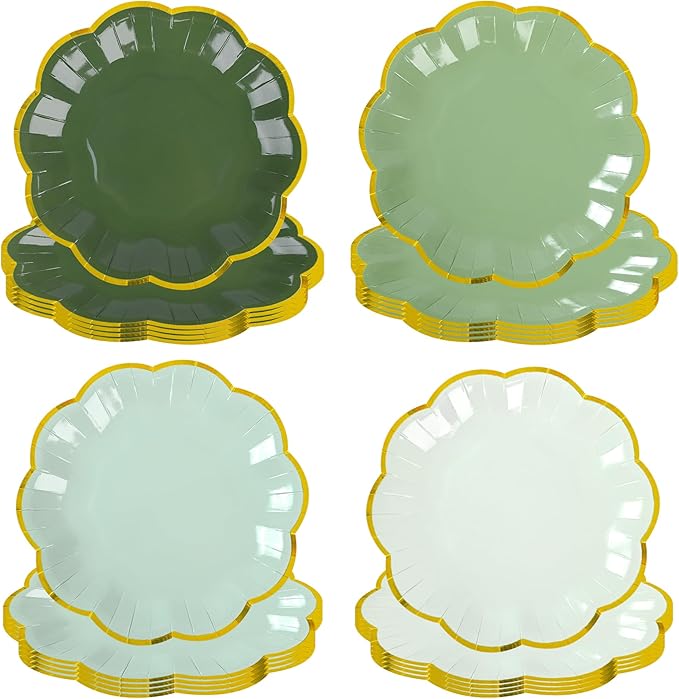 Sage Green Party Plates Gradient Green Dessert Paper Plates 7inch Gold Foil Scalloped Edge Disposable Cake Plates for Birthday Bridal Baby Shower Wedding Party Supplies (24)