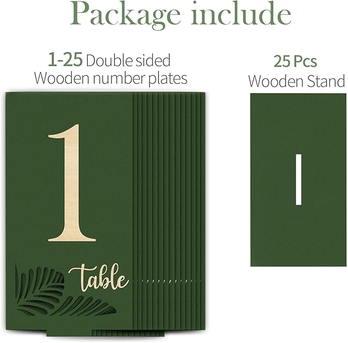 Wooden Table Numbers 1-25,3.2x5.8 Inch Double Sided Rustic Olive Green Wedding Table Number Signs with Wooden Base,Wedding Centerpieces for Banquet Restaurant Party Decor(Olive Green, 1-25)
