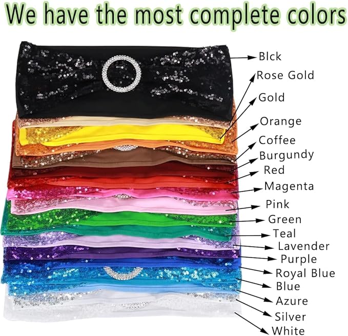 100 Pcs Chair Sashes Sequin Stretch Chair Bands Spandex Polyester Bows for Party Hotel Wedding Banquets Decoration - Coffee